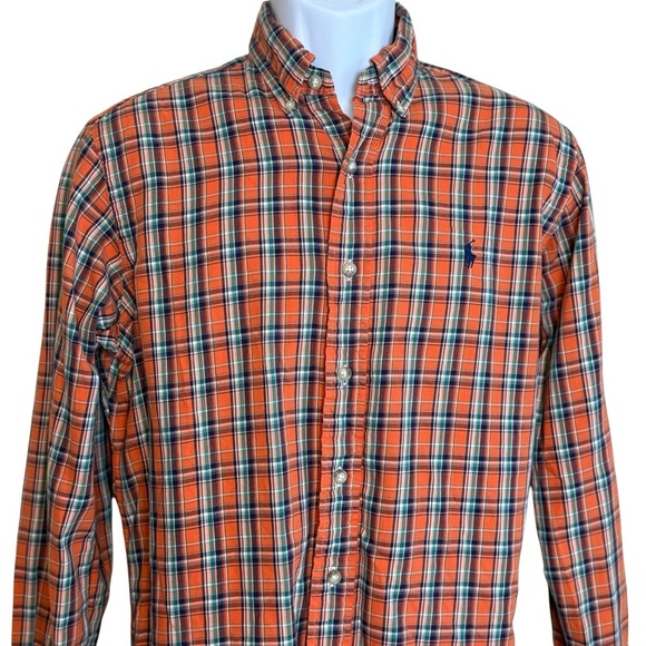 Ralph Lauren Button Down Dress Shirt Medium Classic Fit Orange Blue Plaid Preppy - Picture 2 of 8